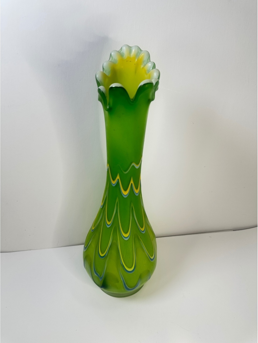 Azerbaijan Glassware Vintage Hand Blown Pulled Feather Frosted Green Essie Zareh